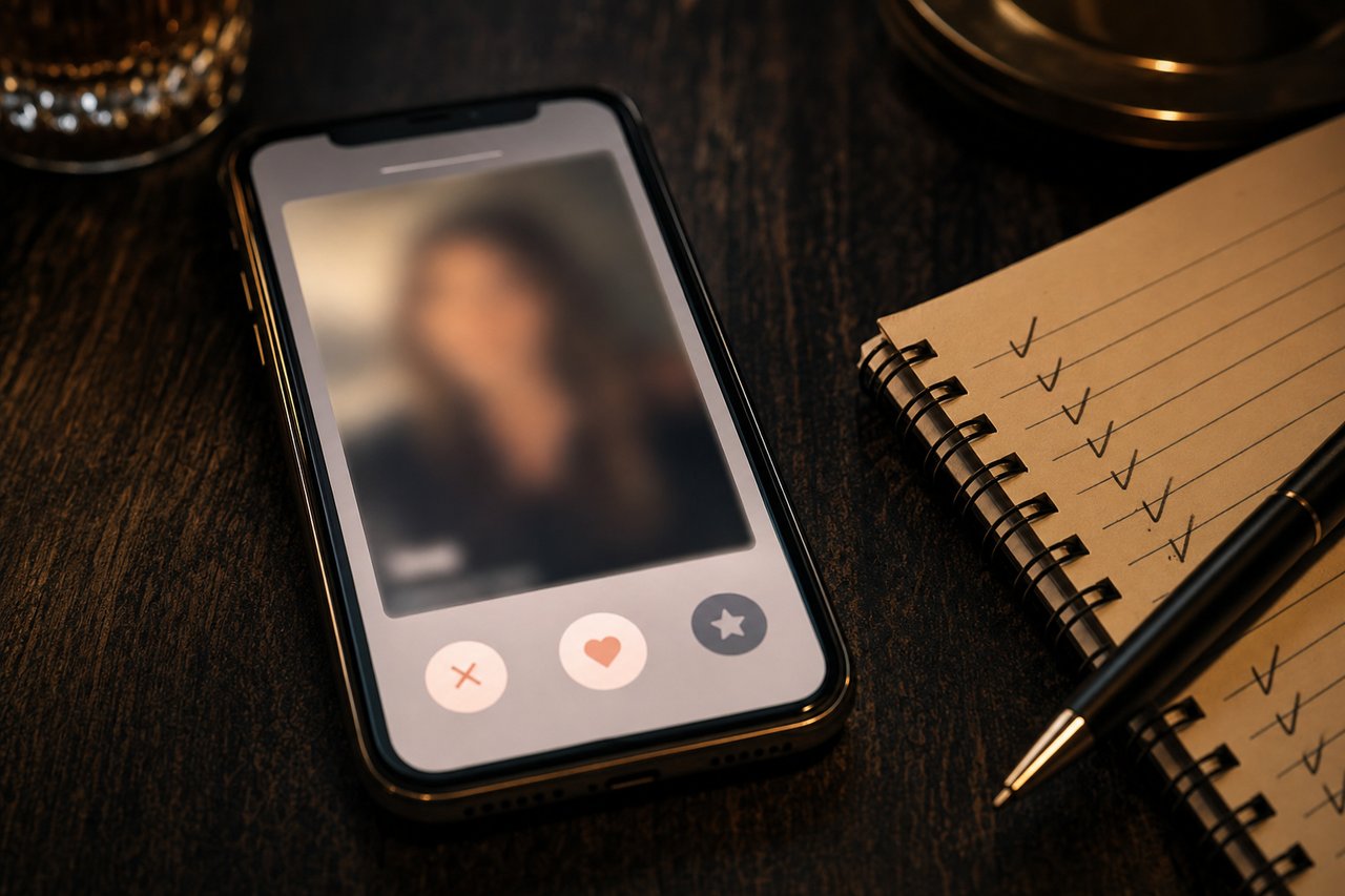 Smartphone mit geöffneter Dating-App-Oberfläche auf einem dunklen Schreibtisch bei Nacht